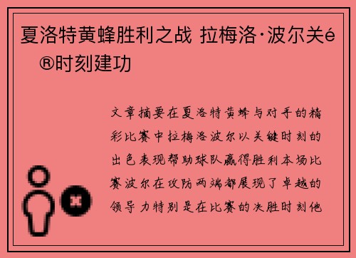 夏洛特黄蜂胜利之战 拉梅洛·波尔关键时刻建功