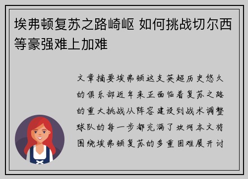 埃弗顿复苏之路崎岖 如何挑战切尔西等豪强难上加难